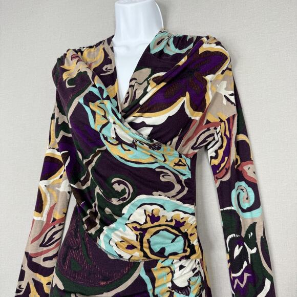 M Missoni Dress Womens Medium Purple Floral Abstract Ruched Faux Wrap Cocktail - Picture 3 of 16